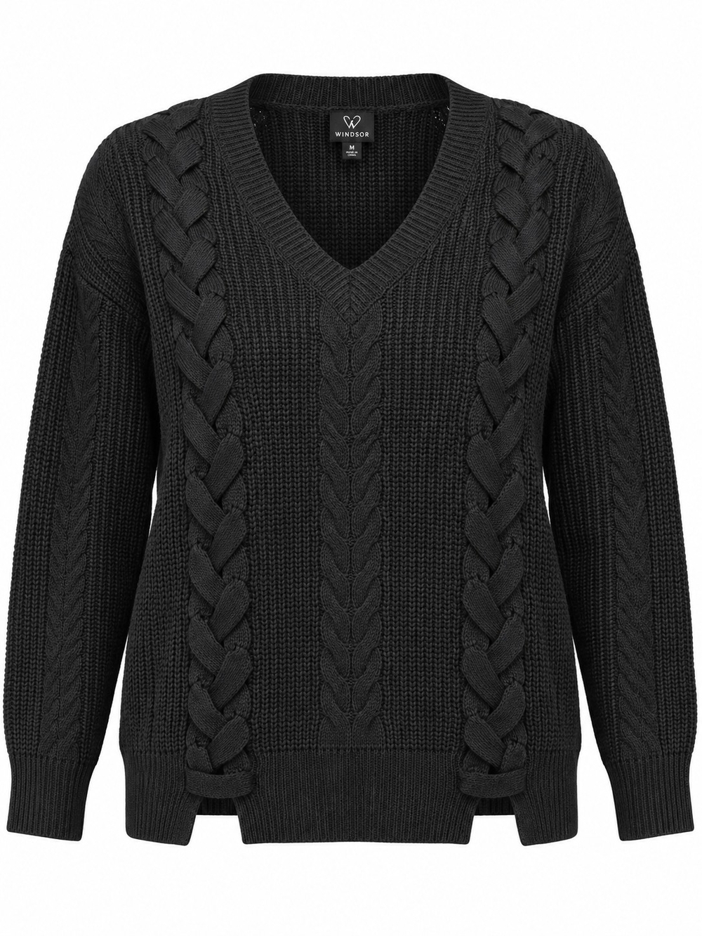WINDSOR | Black Chunky Cable Knit Woven V-Neck Oversized 3D Sweater | M